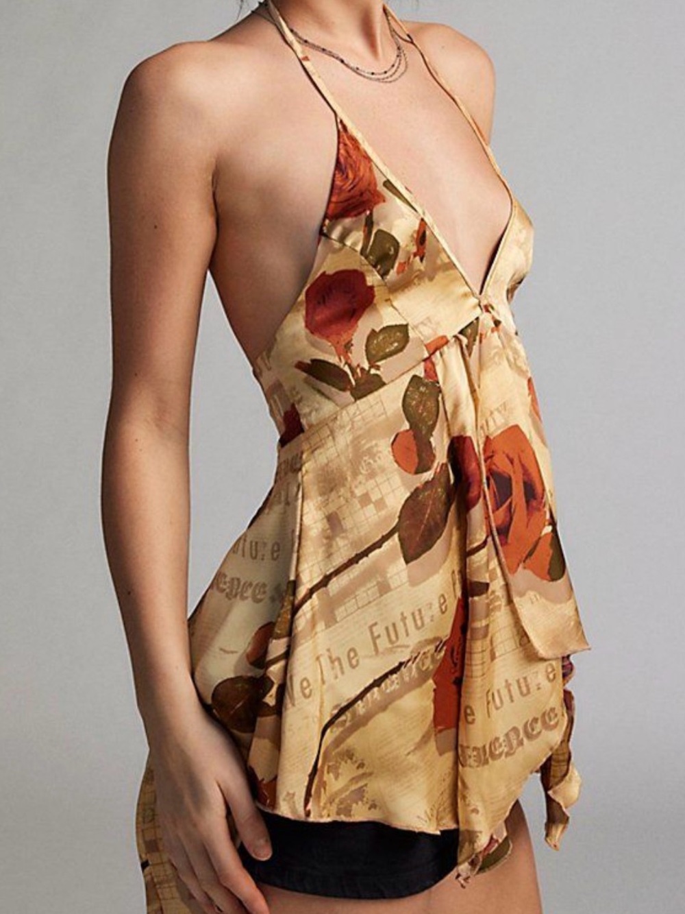 Silence + Noise Floral Halter Top in Beige and Rust